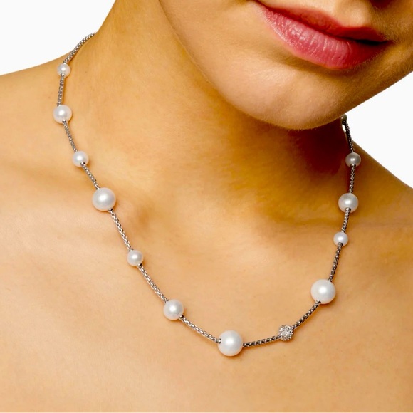 David Yurman Silver Pearl and Pavé Station Necklace - Picture 3 of 5